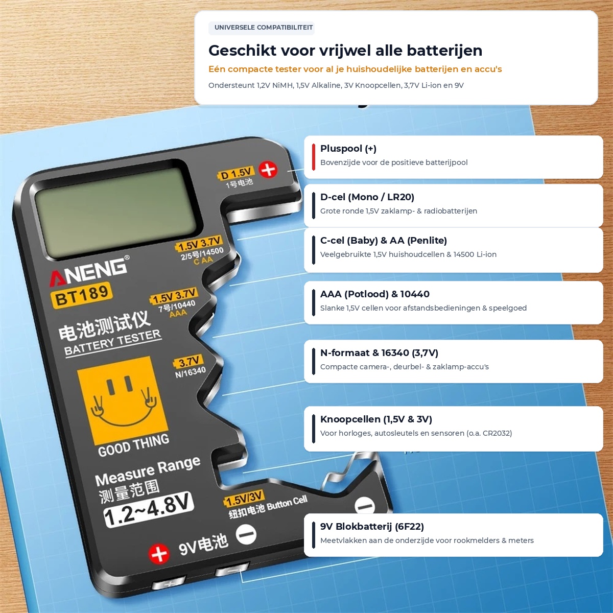 Contacten voor AA, AAA, C, D, N, knoopcel en 9V
