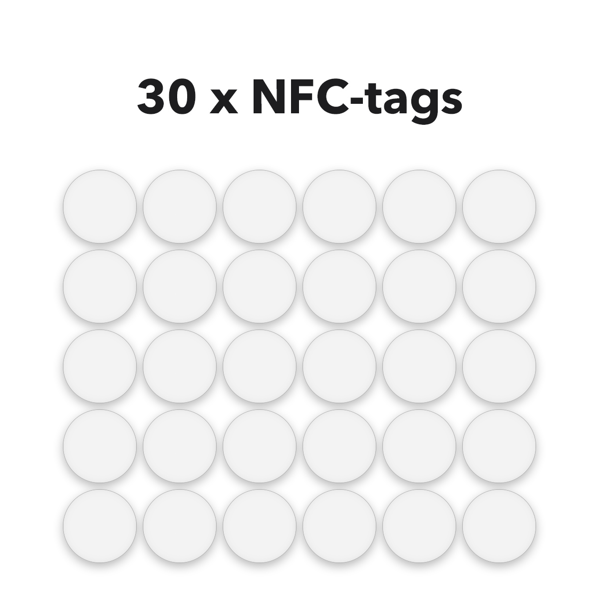 30 anti-metaal NFC-stickers NTAG215, 25 mm rond, wit