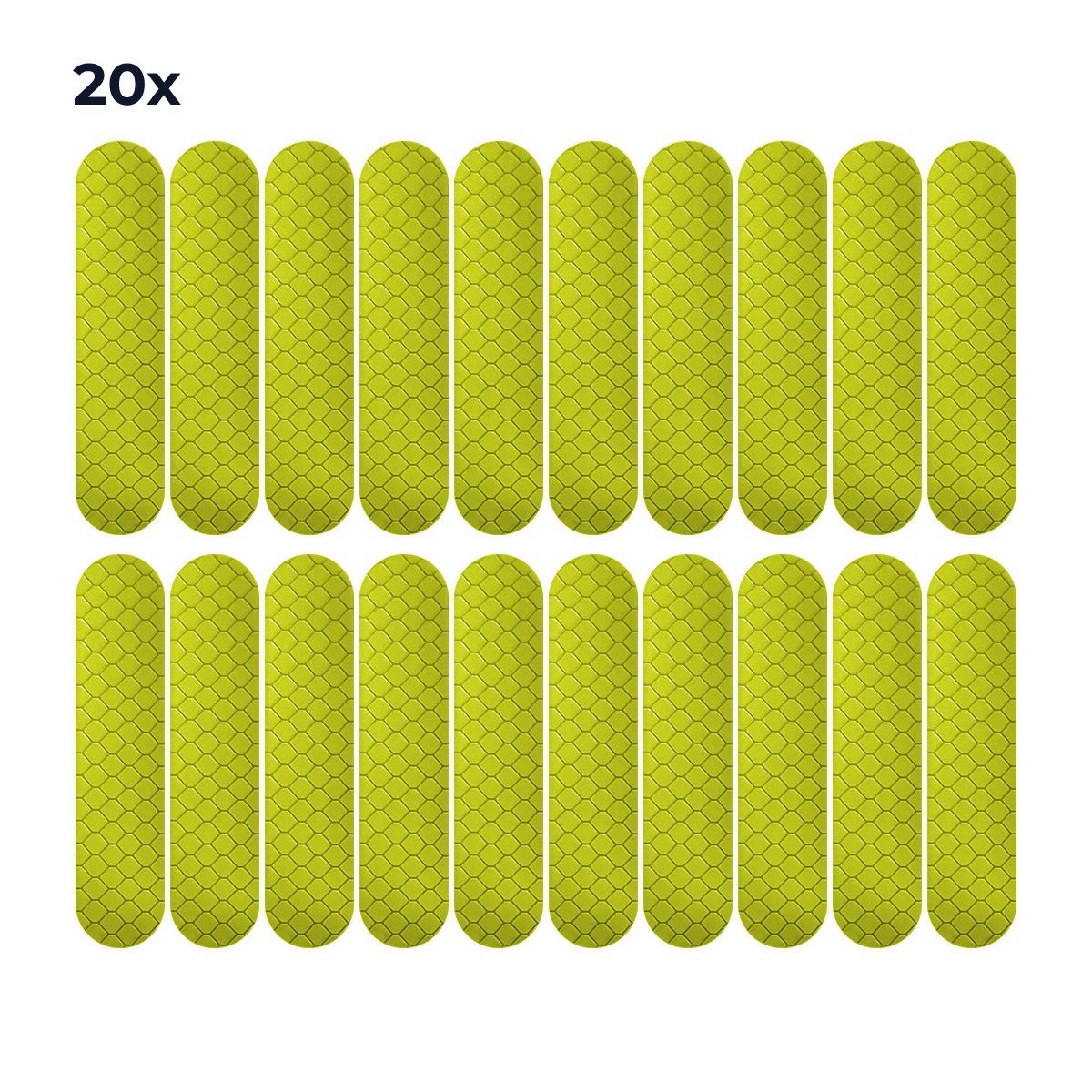 Set van 20 fluorgele reflecterende fietsstickers op zuiver witte achtergrond